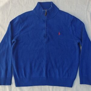 Polo Ralph Lauren Blue Red Pony Logo 1/4 Zip Knit Cotton Sweater Mens Large L